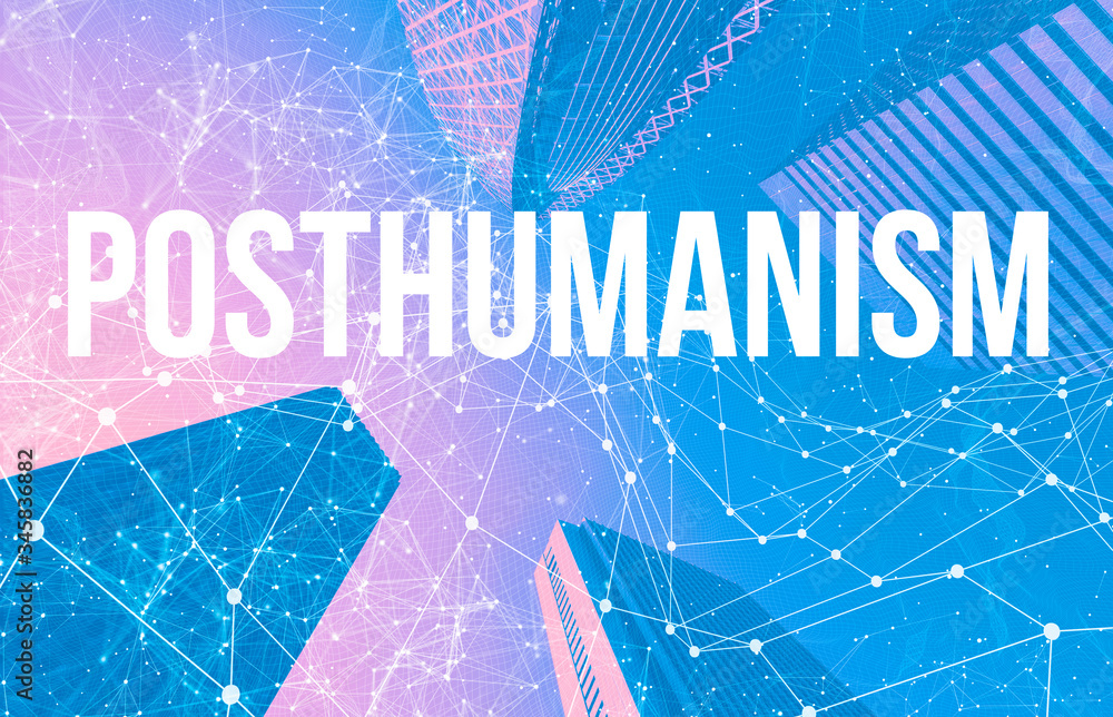 Poster posthumanism theme with abstract network patterns and skyscrapers