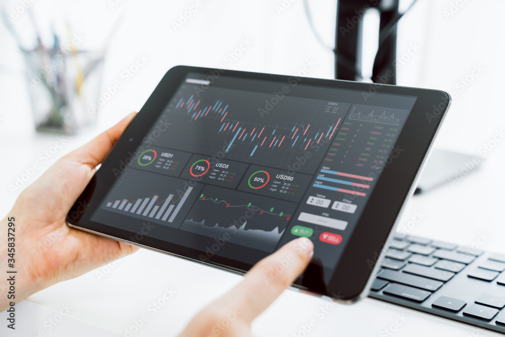Aufkleber stock exchange market concept, hand trader touch on digital tablet with graphs analysis candle line 