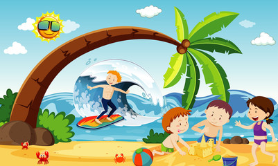 Obraz na płótnie Canvas Ocean scene with people having fun on the beach
