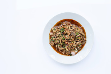 Spicy mince pork salad on white bakcground.