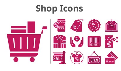 shop icons set. included online shop, sale, shirt, voucher, price tag, shopping cart, discount, credit card, barcode, open icons. filled styles.