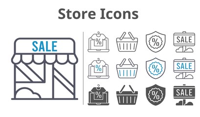 store icons icon set included online shop, sale, shop, warranty, shopping-basket, shopping basket icons