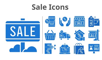 sale icons set. included online shop, shopping bag, sale, shop, mortgage, voucher, discount, shopping-basket, delivery truck icons. filled styles.