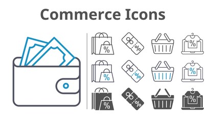 commerce icons icon set included shopping bag, online shop, wallet, discount, shopping-basket, shopping basket icons