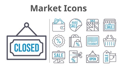 market icons set. included shopping bag, sale, wallet, shop, voucher, closed, discount, shopping-basket, barcode, open icons. bicolor styles.