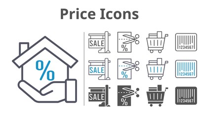 price icons icon set included sale, mortgage, voucher, shopping cart, barcode icons