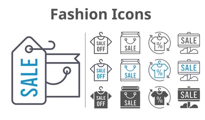 fashion icons icon set included shopping bag, sale, shirt icons