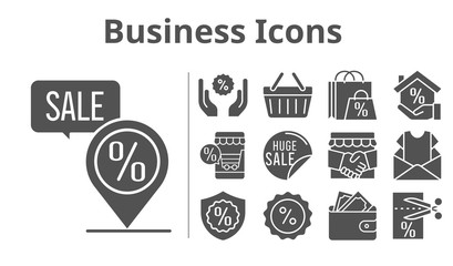 business icons set. included shopping bag, online shop, handshake, newsletter, sale, wallet, mortgage, voucher, discount, warranty, shopping-basket, placeholder icons. filled styles.