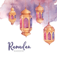 Ramadan Kareen Greeting Card Template with Watercolor Lantern Iluustration