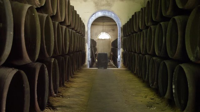 WS Man rolling barrel in wine cellar