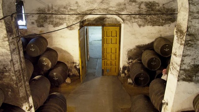 HA&nbsp;WS&nbsp;Man walking in wine cellar with wine casks