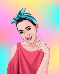 Pop art vector of pretty women pointing at own beautiful face On the holographic background. Suitable for advertisement of skin care cosmetics.