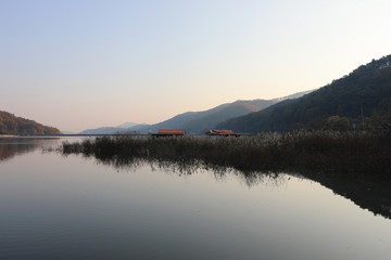 Morning, beautiful reflection of reservoir plants. Mungwang, Chungbuk, Korea