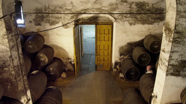 HA&nbsp;WS&nbsp;Man walking in wine cellar with wine casks and leaving through door