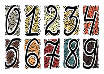 Decorative vector set of numbers with ornament. Illustration isolated on white. For print, postcards, calendar, poster.