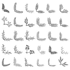 Set of hand drawn floral corners. Design element for poster, label, sign, emblem, menu, greeting card. Vector illustration
