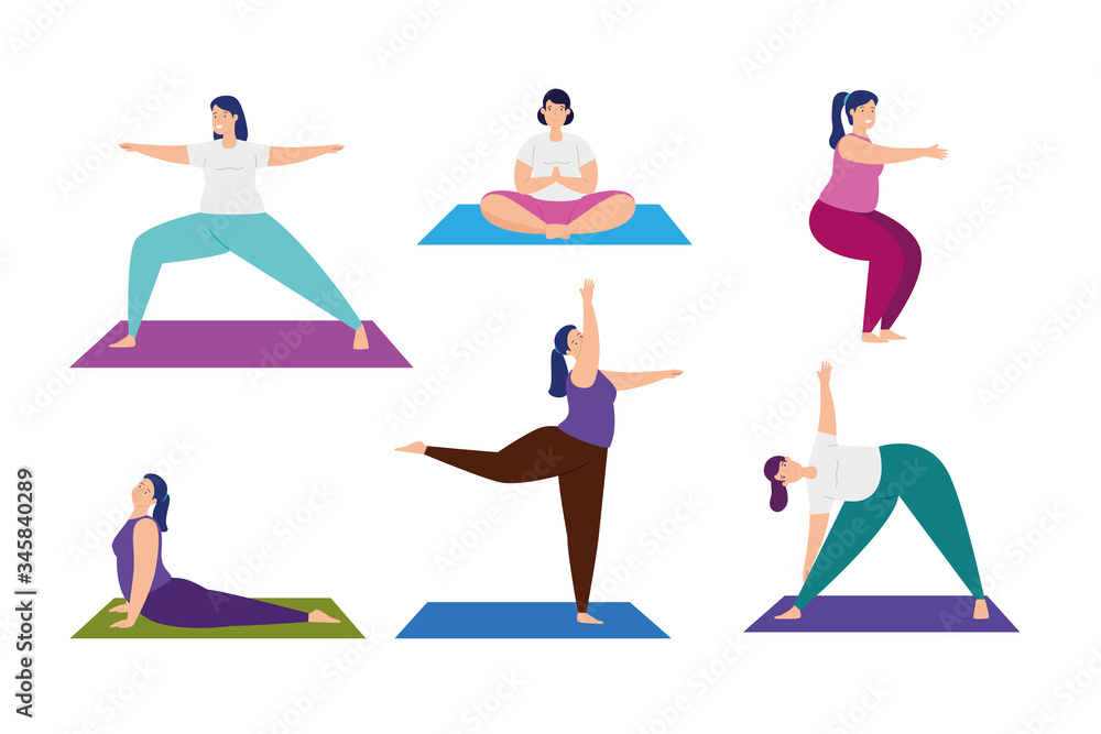 Sticker set scenes of women practicing yoga vector illustration design