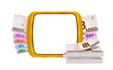 money thai banknote and golden frame for banner copy space, banknote money baht and gold square shape for text, paper money for salary and savings concept, currency THB thai and white space background