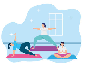 young women practicing in house scene vector illustration design