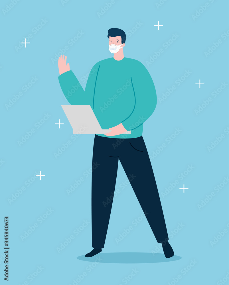 Wall mural young man using face mask with laptop vector illustration design