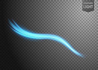 Abstract blue wavy line of light with a transparent background, isolated and easy to edit