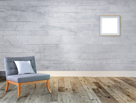 gray armchair and interior design in bright empty space. 3D illustration