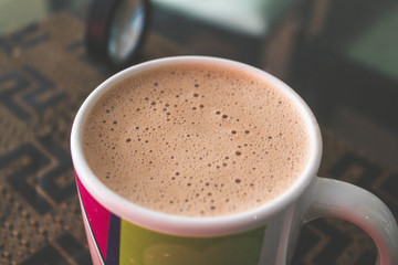 Hot chocolate cup in the morning, hot chocolate cup breakfast, breakfast of the day, hot drink