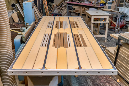 Joinery. Design of the countertop dining table. Countertop aluminum frame manufacturing process