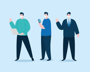 group people using face mask with devices electronics vector illustration design