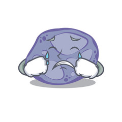 Cartoon character design of blue planctomycetes with a crying face
