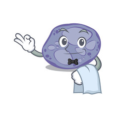 A cartoon character of blue planctomycetes waiter working in the restaurant