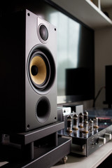audio speaker with tube amplifier and turntable blur background