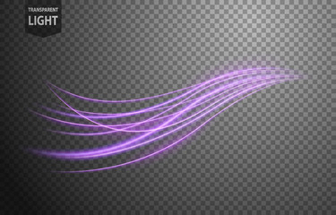 Abstract violet wavy line of light with a transparent background, isolated and easy to edit