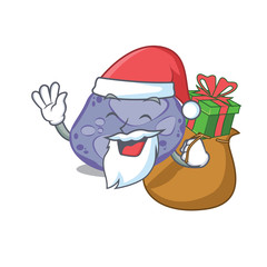 Cartoon design of blue planctomycetes Santa with Christmas gift