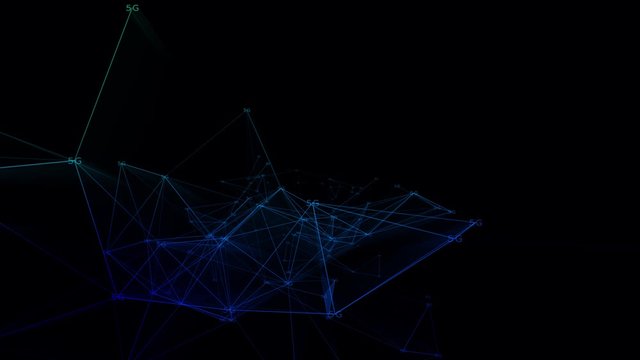 4k 3d abstract Digital background with graph made of nodes shaped 5G text.abstract neon geometrical lines with moving triangles and connection dots. 