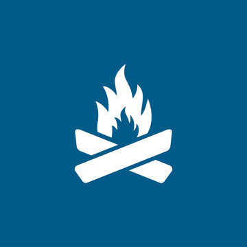 Camp Fire Icon On Blue Background. Blue Flat Style Vector Illustration