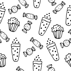 Seamless pattern confectionery, sweets on a white background. Doodle, simple outline illustration. It can be used for decoration of textile, paper and other surfaces.
