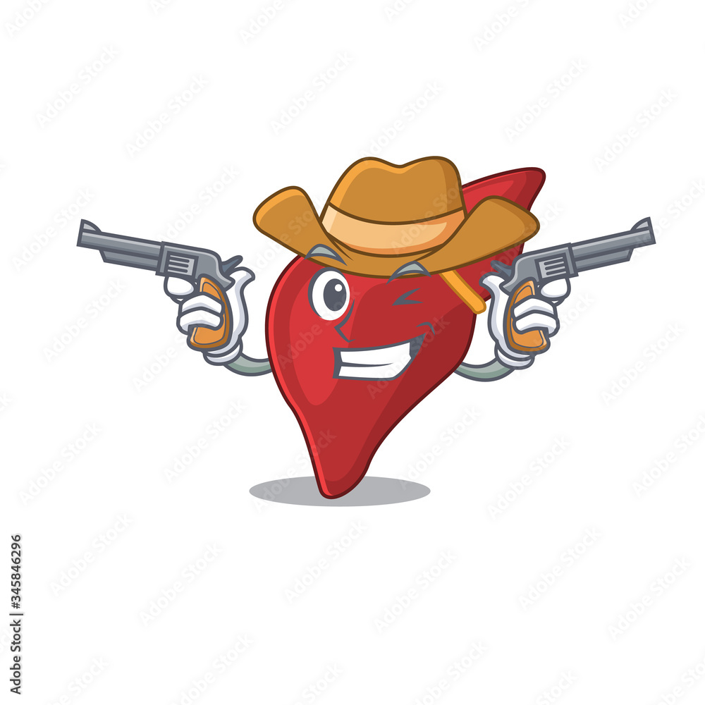 Poster Cute handsome cowboy of healthy human liver cartoon character with guns