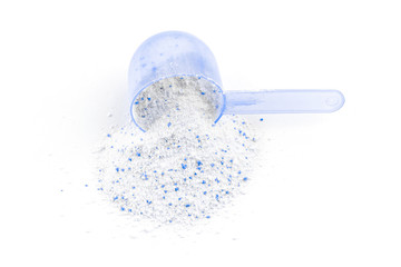 Detergent powder. Wash soap texture with cup for laundry isolated on white background. Liquid soap...