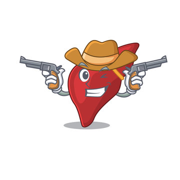 Cute handsome cowboy of healthy human liver cartoon character with guns