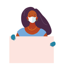 A black woman in a medical mask and gloves holds a poster with place for text. Template for design, coronavirus epidemic, concept illustration, health protection. Flat vector illustration.