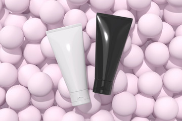 Natural Organic Cosmetic Face Cream or Charcoal Mask Mockup. Top View of Two Plastic Cosmetic Products on Pink Background. Spa and Beauty Concept. Realistic 3D Illustration. Blank Template. Flat Lay.