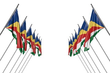 Obraz premium nice many Seychelles flags hangs on diagonal poles from left and right sides isolated on white - any celebration flag 3d illustration..