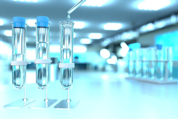 lab test tubes in modern biotechnology research clinic - drinkable water quality test for bacteria concept, medical 3D illustration