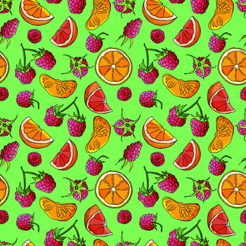 Seamless pattern with various fruits on a green background. Slices of orange, grapefruit, raspberries.