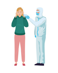 worker using biosafety suit with thermometer and woman