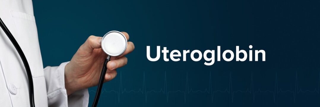 Uteroglobin. Doctor in smock holds stethoscope. The term Uteroglobin is next to it. Symbol of medicine, illness, health