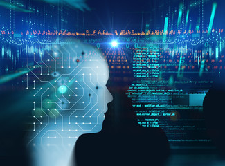 silhouette of virtual human on abstract technology 3d illustration