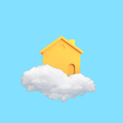 Minimal conceptual image of yellow house floating on white cloud. 3D rendering.