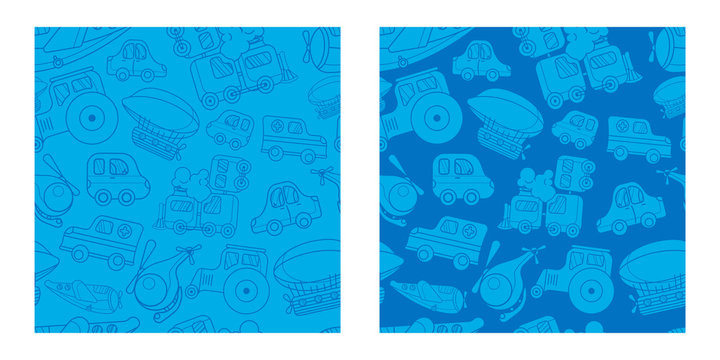 set of two seamless patterns with a toy cartoon steam train, cars, plane, tractor, helicopter, ambulance and aerostat